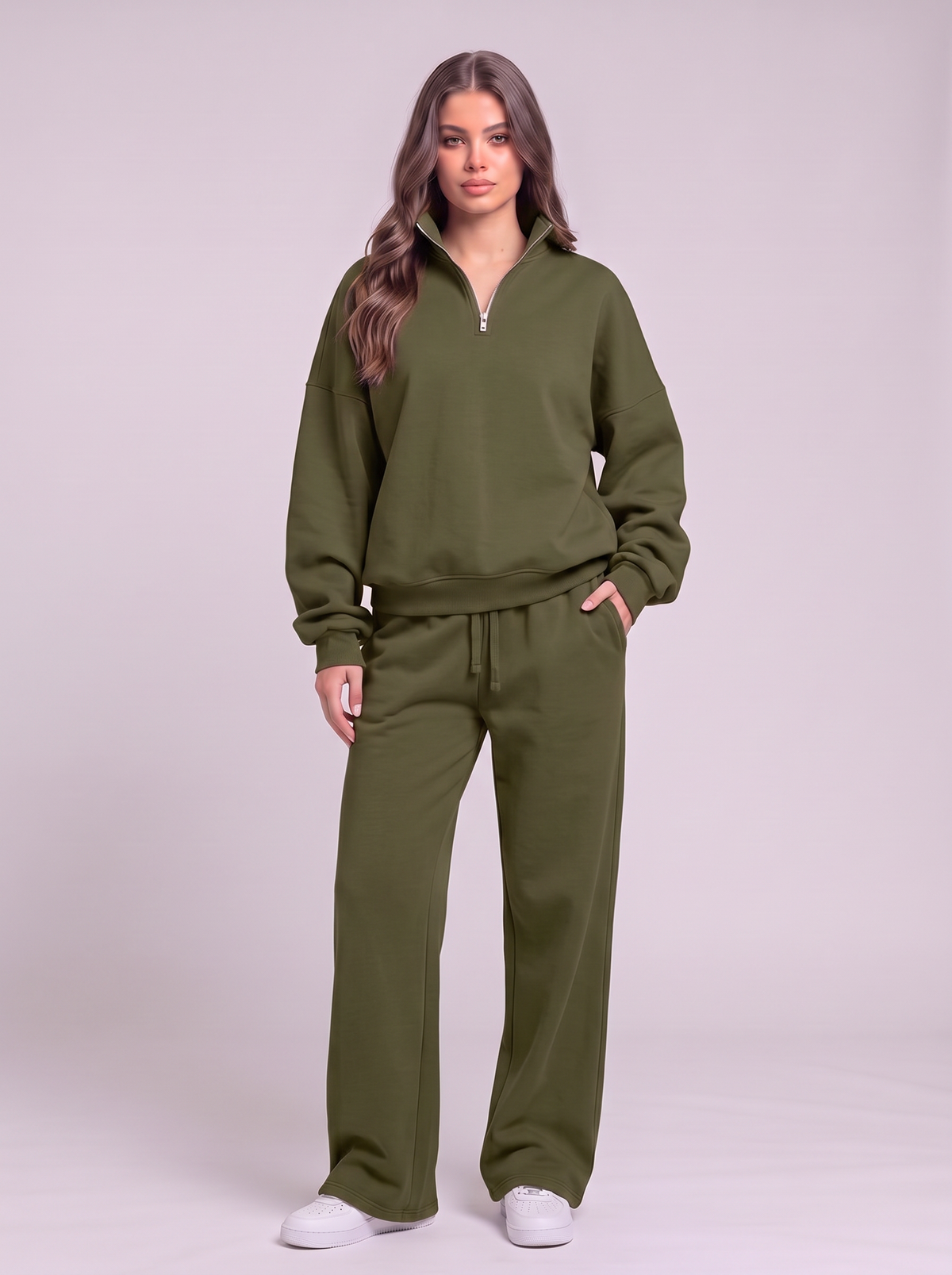 Half-Zip Sweatshirt and Wide-Leg Sweatpants Set - Army Green