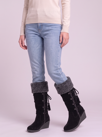 Faux Fur Lined Suede Wedge Boots - Black