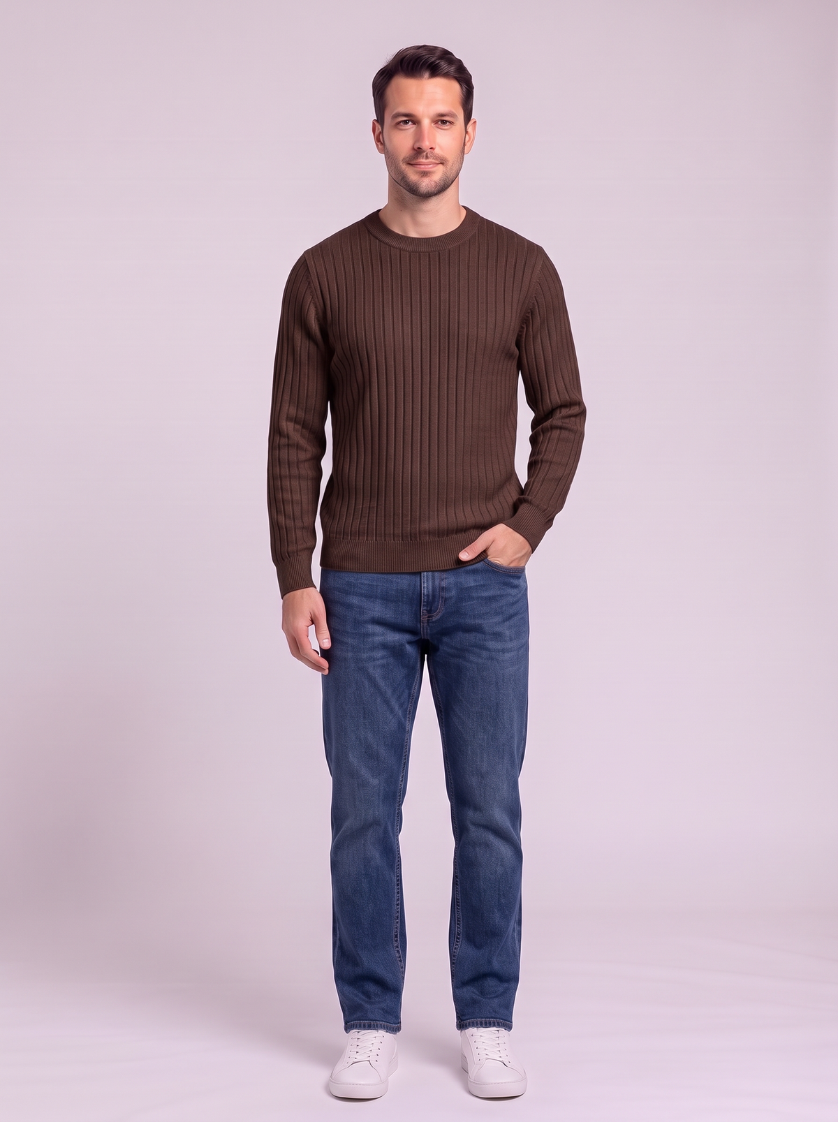 Men's Ribbed Knit Crew Neck Sweater - Brown