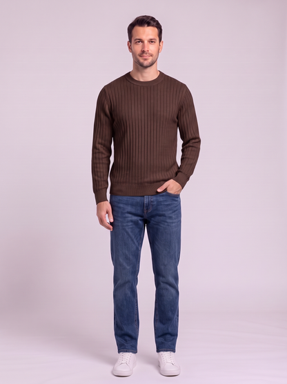 Men's Ribbed Knit Crew Neck Sweater - Brown