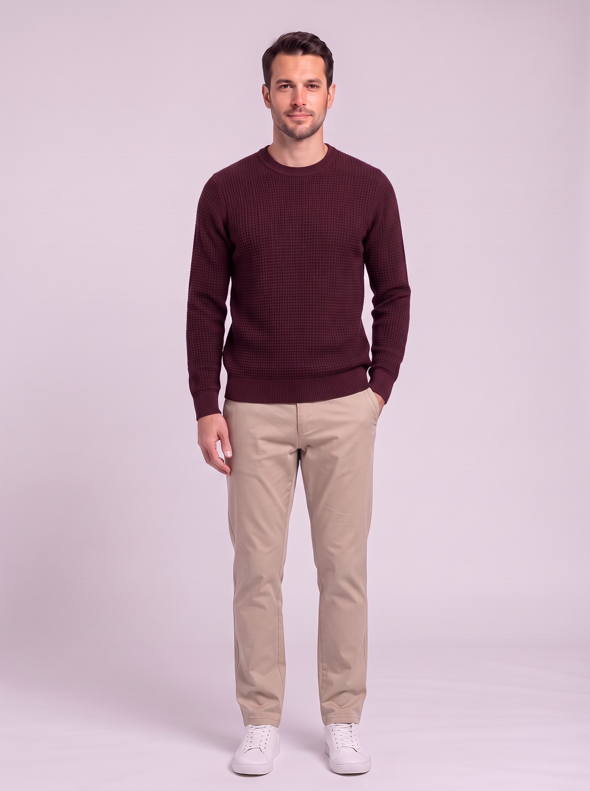 Men's Waffle-Knit Crew Neck Sweater - Burgundy