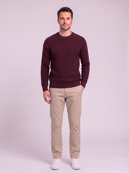 Men's Waffle-Knit Crew Neck Sweater - Burgundy