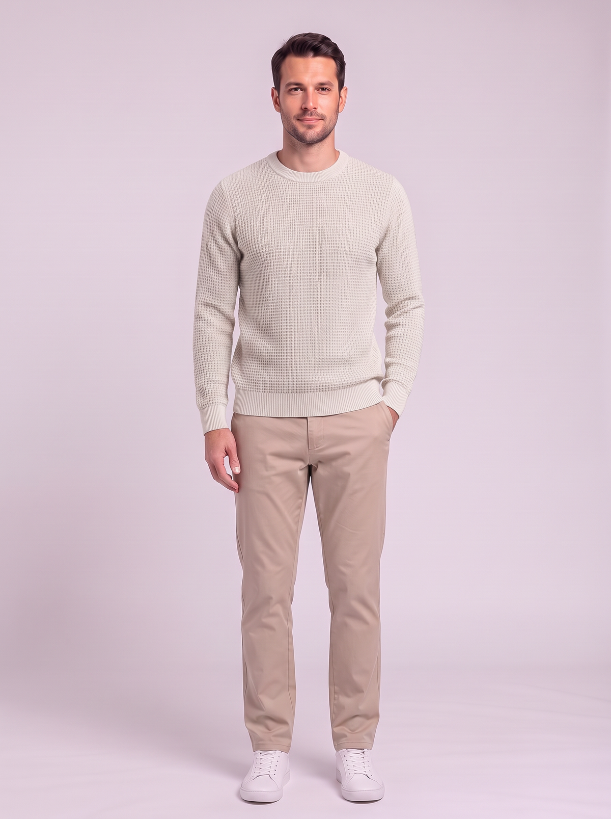 Men's Waffle-Knit Crew Neck Sweater - White