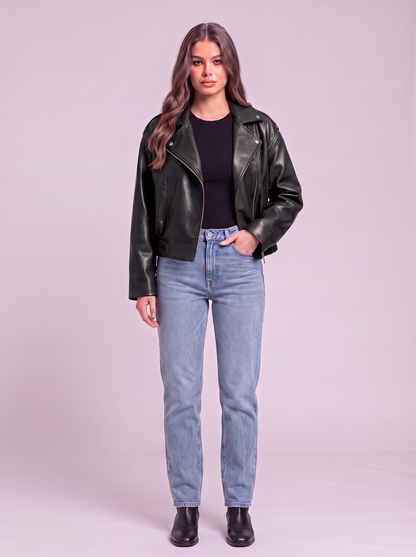 Faux Leather Cropped Biker Jacket - Black