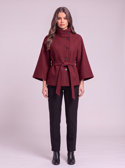 Belted Cape Coat - Burgundy