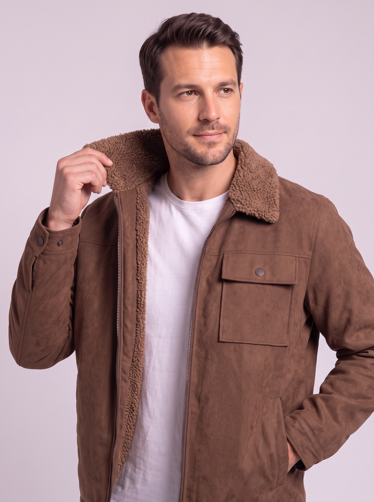 Men's Sherpa-Lined Canvas Utility Jacket - Coffee - detail