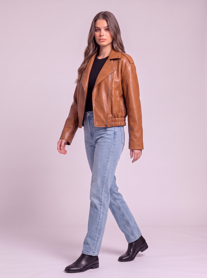 Faux Leather Cropped Biker Jacket - Caramel - side