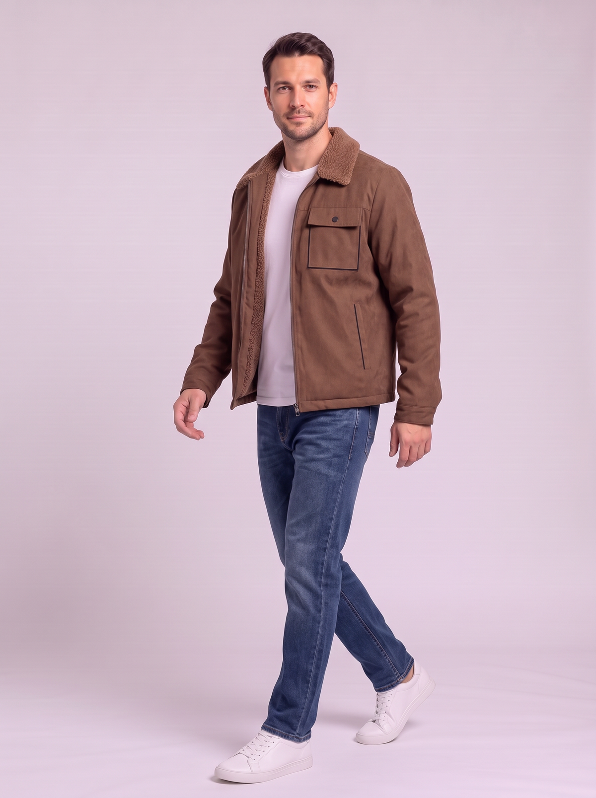 Men's Sherpa-Lined Canvas Utility Jacket - Coffee - side