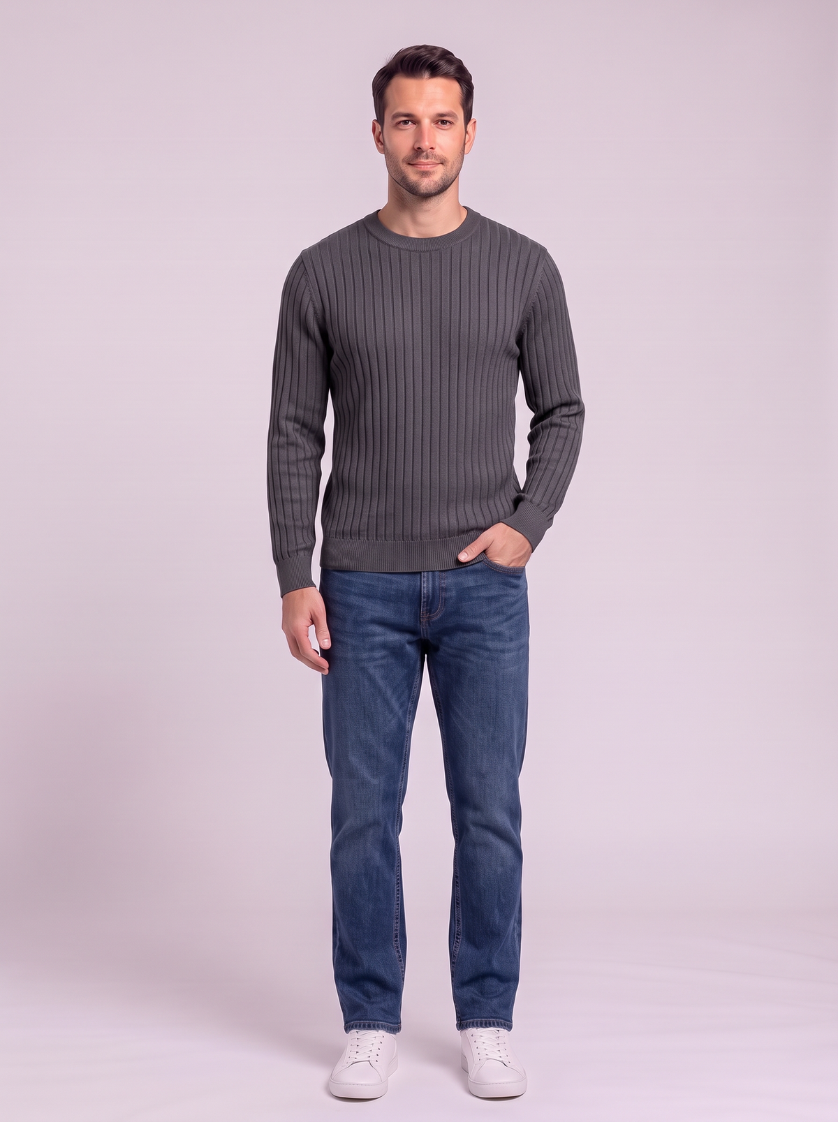 Men's Ribbed Knit Crew Neck Sweater - Dark Gray