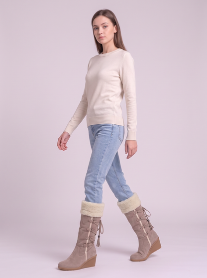 Faux Fur Lined Suede Wedge Boots - Apricot - walking