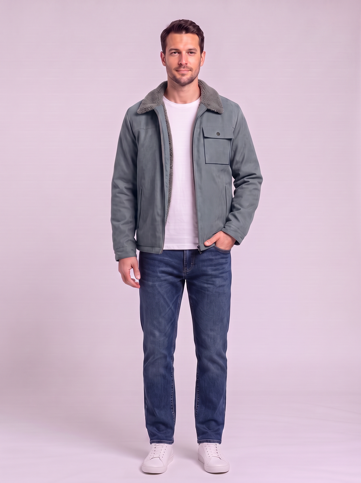 Men's Sherpa-Lined Canvas Utility Jacket - Gray