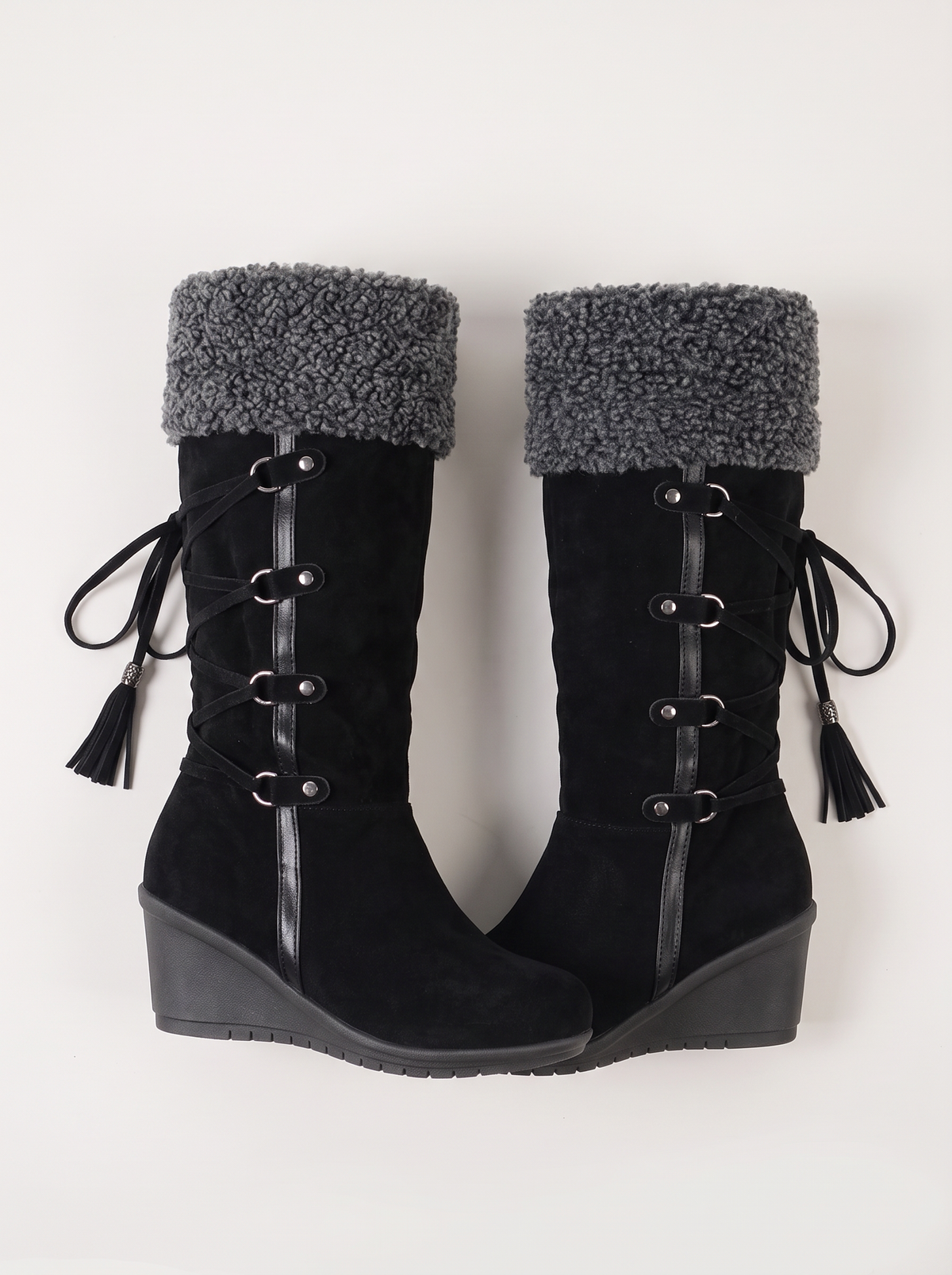 Faux Fur Lined Suede Wedge Boots - Black - product