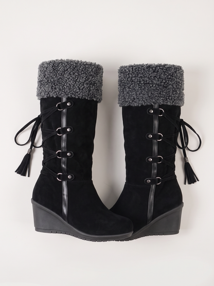 Faux Fur Lined Suede Wedge Boots - Black - product