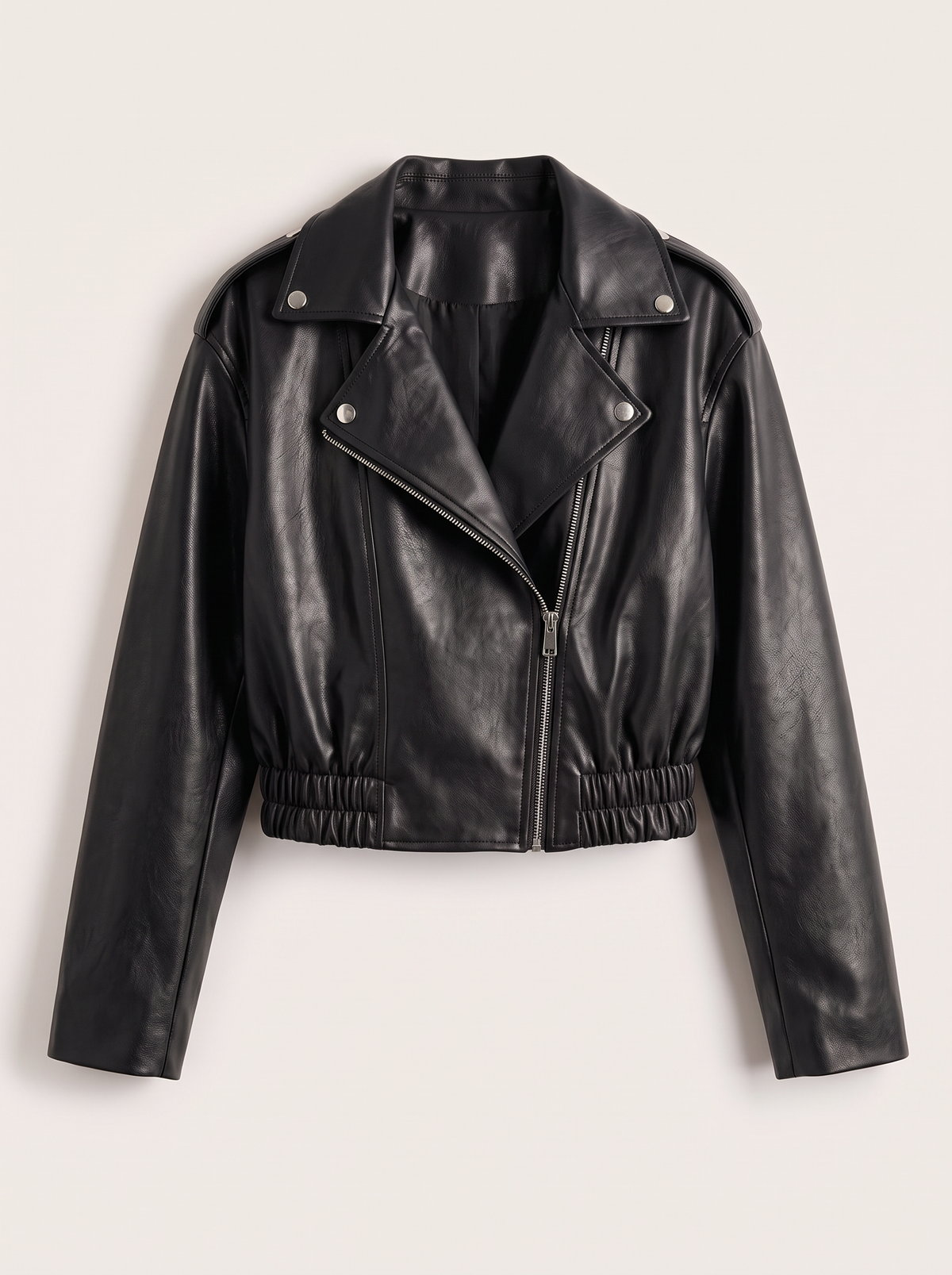 Faux Leather Cropped Biker Jacket - Black - flat lay