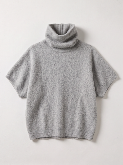 Turtleneck Fuzzy Short Sleeve Sweater - Gray - flat lay