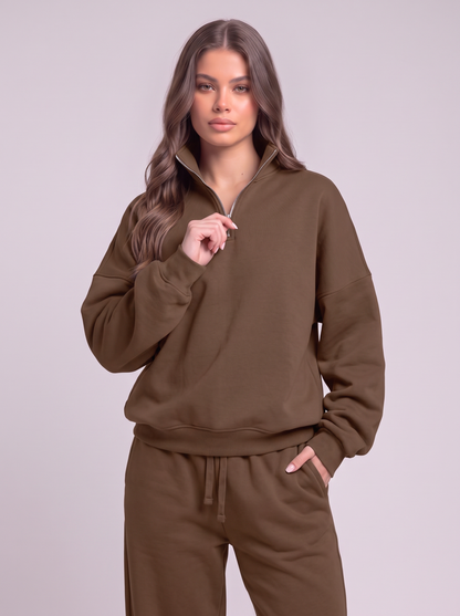 Half-Zip Sweatshirt and Wide-Leg Sweatpants Set - Dark Brown - detail