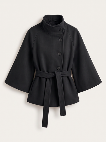 Belted Cape Coat - Black - flat lay