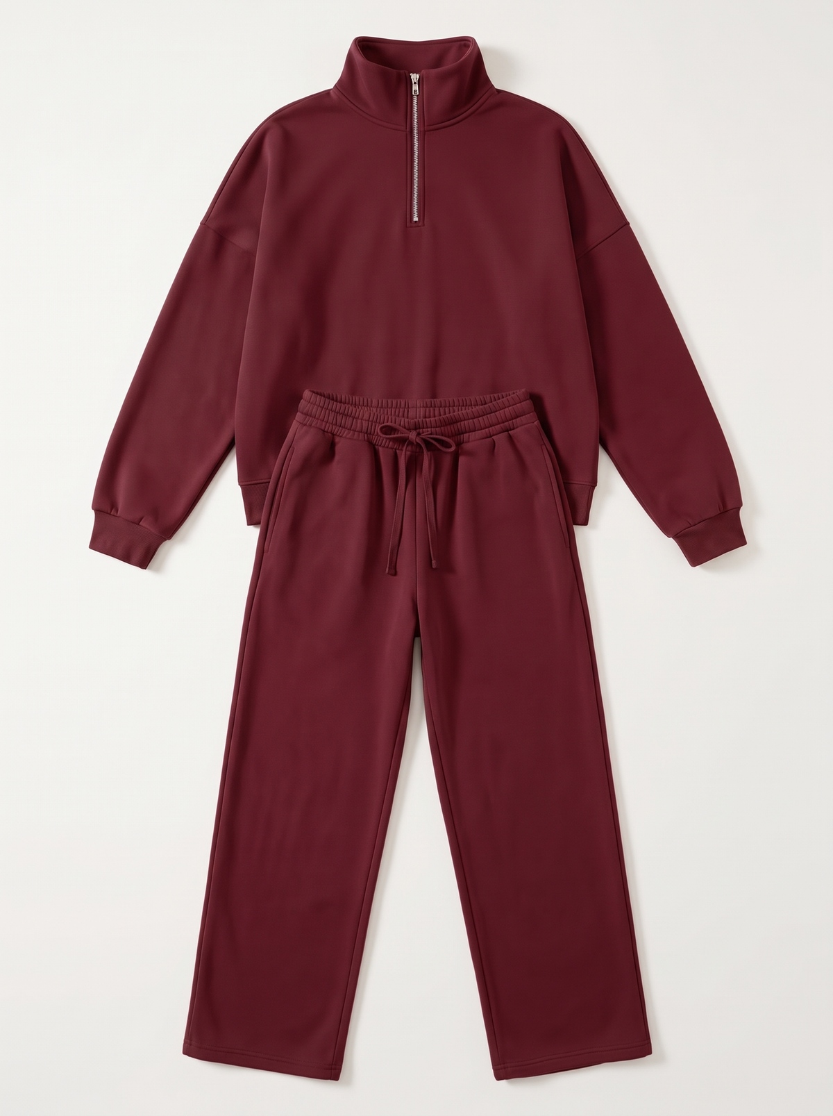 Half-Zip Sweatshirt and Wide-Leg Sweatpants Set - Burgundy - flat lay