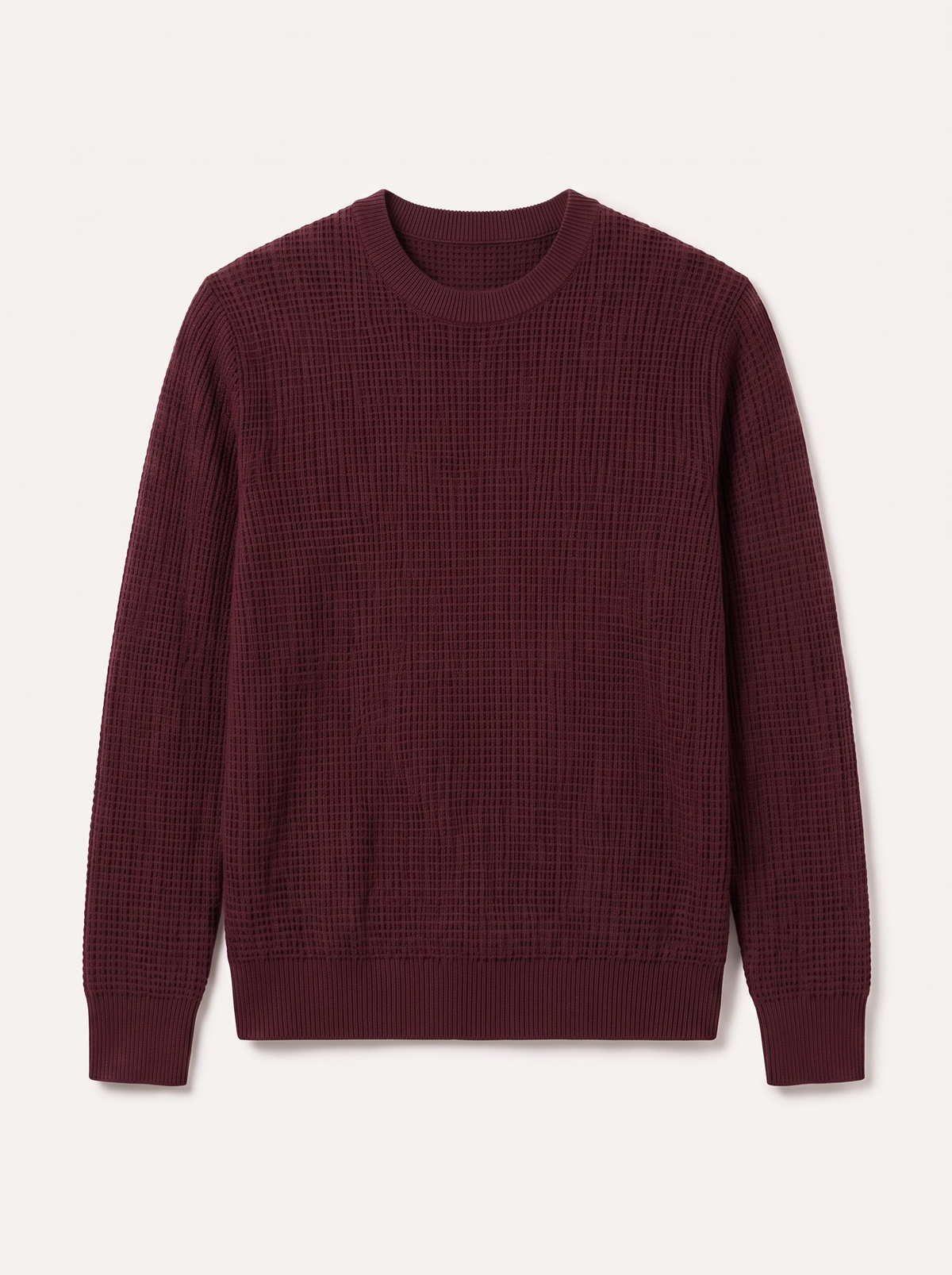 Men's Waffle-Knit Crew Neck Sweater - Burgundy - flat lay