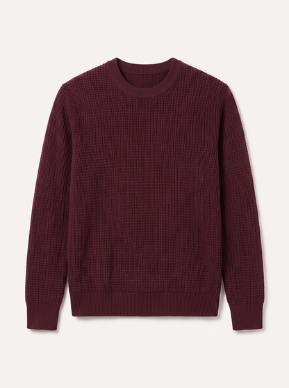 Men's Waffle-Knit Crew Neck Sweater - Burgundy - flat lay