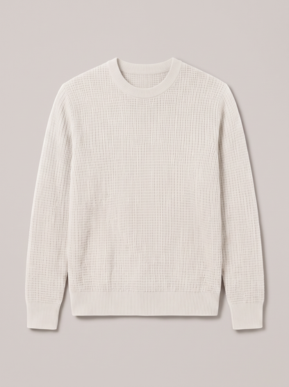 Men's Waffle-Knit Crew Neck Sweater - White - flat lay