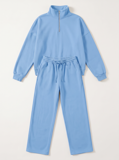 Half-Zip Sweatshirt and Wide-Leg Sweatpants Set - Sky Blue - flat lay