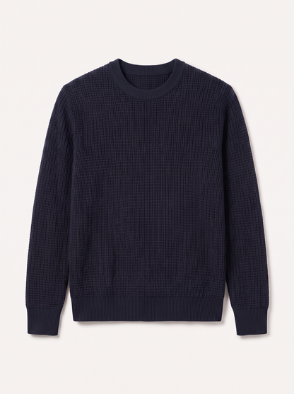 Men's Waffle-Knit Crew Neck Sweater - Blue - flat lay