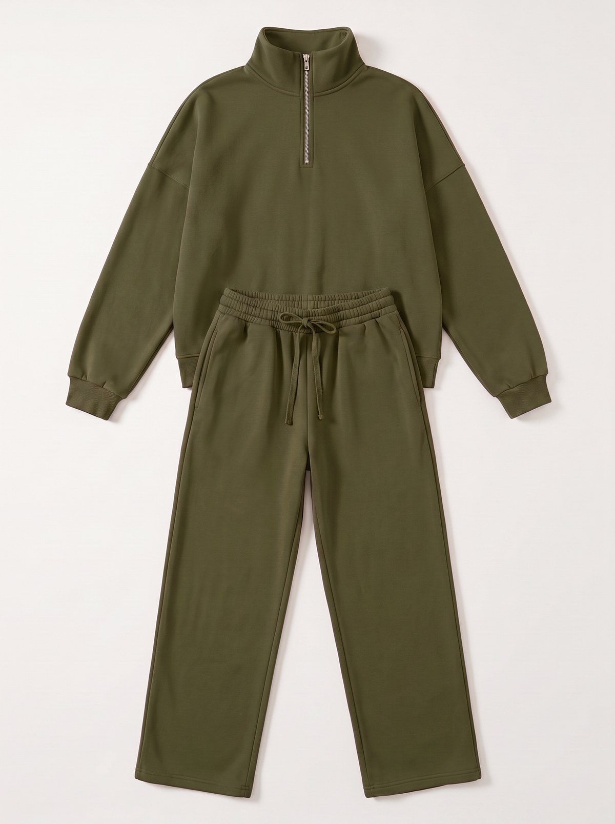 Half-Zip Sweatshirt and Wide-Leg Sweatpants Set - Army Green - flat lay