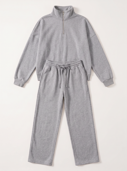Half-Zip Sweatshirt and Wide-Leg Sweatpants Set - Light Gray - flat lay