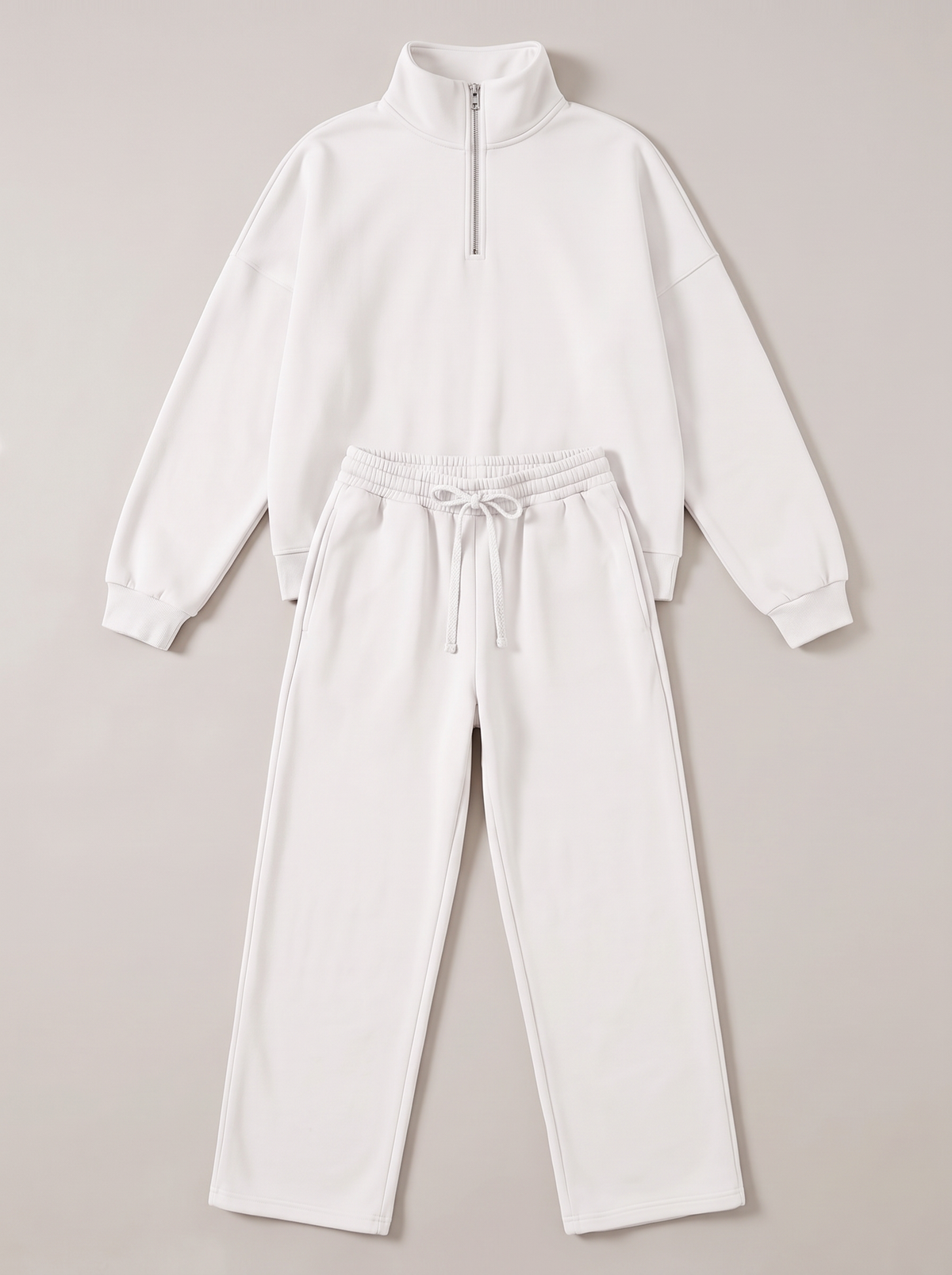 Half-Zip Sweatshirt and Wide-Leg Sweatpants Set - White - flat lay