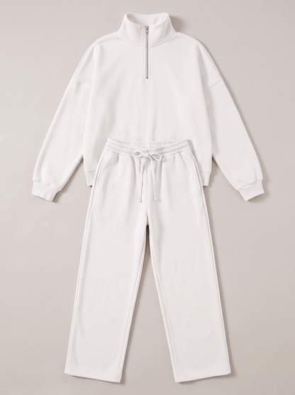 Half-Zip Sweatshirt and Wide-Leg Sweatpants Set - White - flat lay