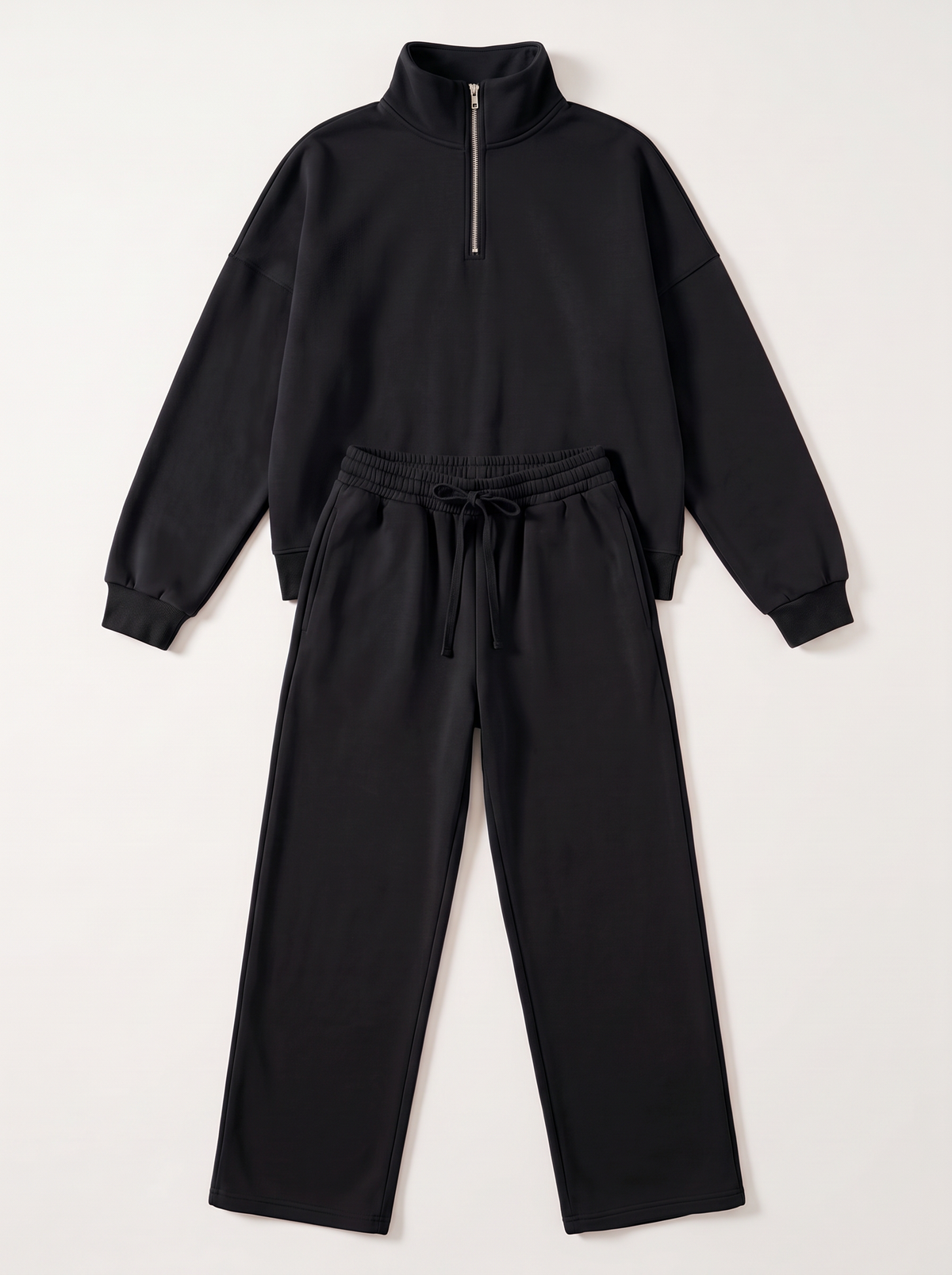 Half-Zip Sweatshirt and Wide-Leg Sweatpants Set - Black - flat lay