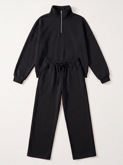 Half-Zip Sweatshirt and Wide-Leg Sweatpants Set - Black - flat lay