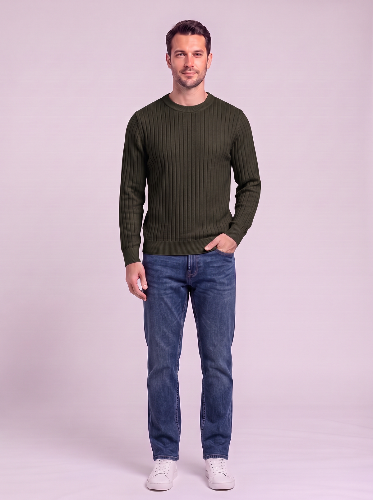 Men's Ribbed Knit Crew Neck Sweater - Army Green
