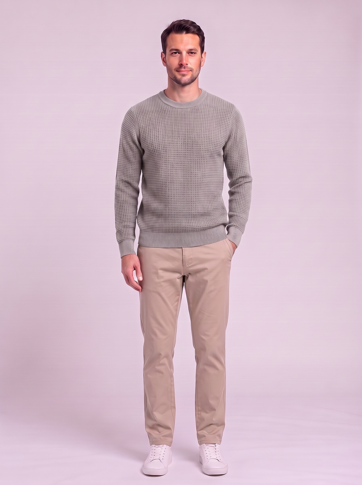 Men's Waffle-Knit Crew Neck Sweater - Gray