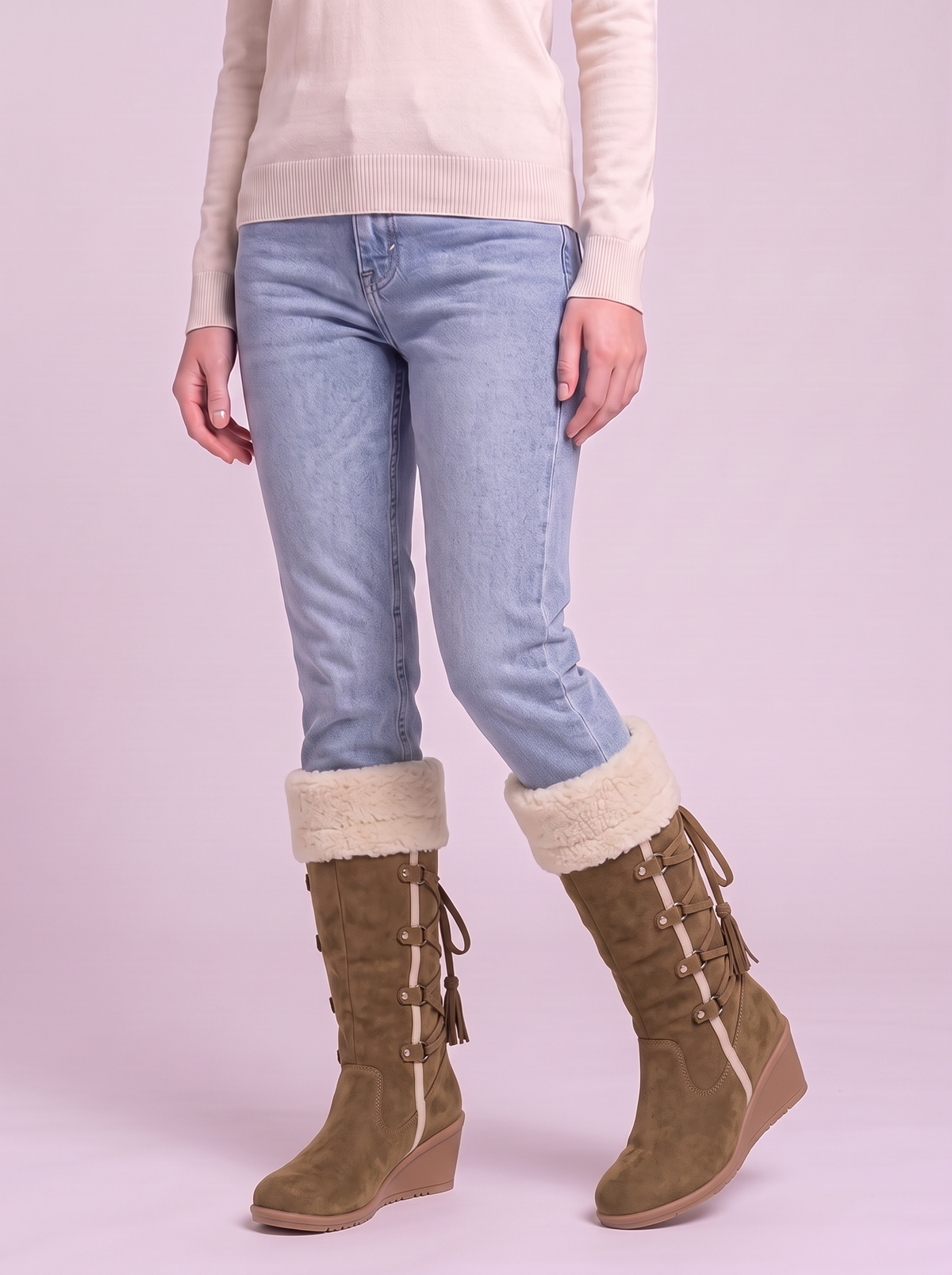 Faux Fur Lined Suede Wedge Boots - Brown