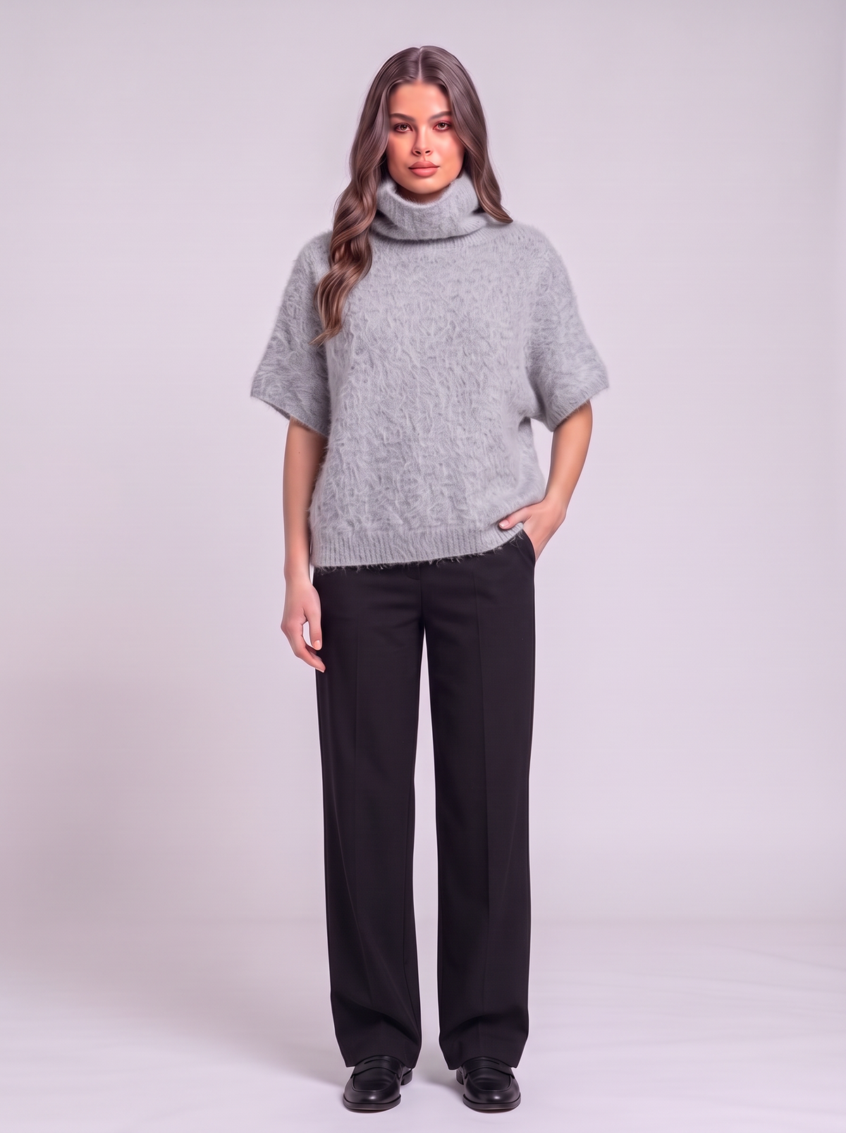 Turtleneck Fuzzy Short Sleeve Sweater - Gray
