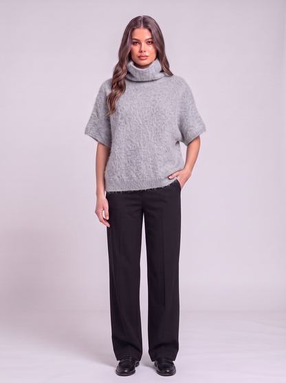 Turtleneck Fuzzy Short Sleeve Sweater - Gray