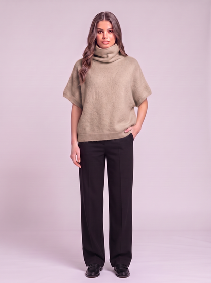 Turtleneck Fuzzy Short Sleeve Sweater - Tan
