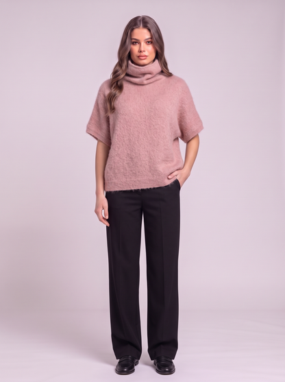 Turtleneck Fuzzy Short Sleeve Sweater - Dusty Pink