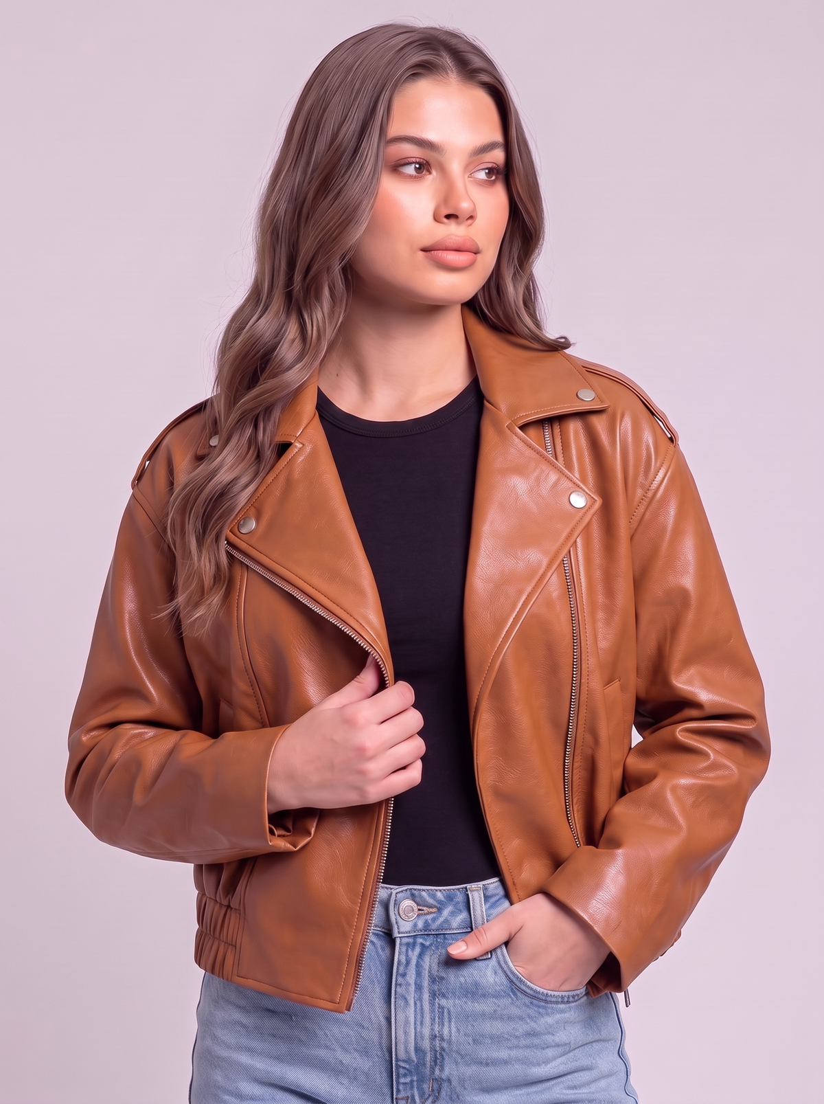Faux Leather Cropped Biker Jacket - Caramel - detail