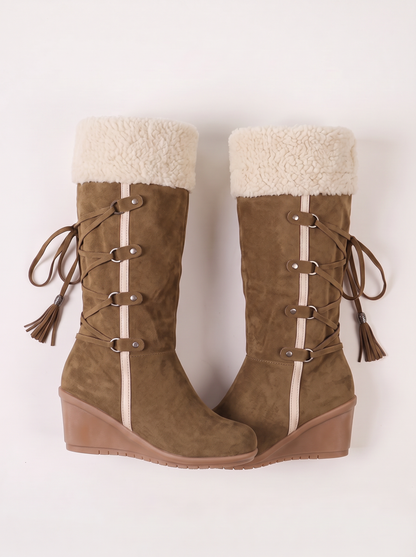Faux Fur Lined Suede Wedge Boots - Brown - product