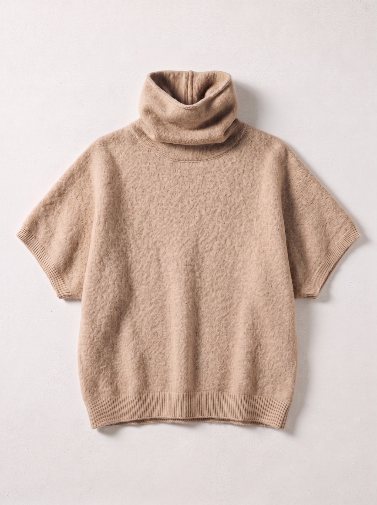 Turtleneck Fuzzy Short Sleeve Sweater - Tan - flat lay