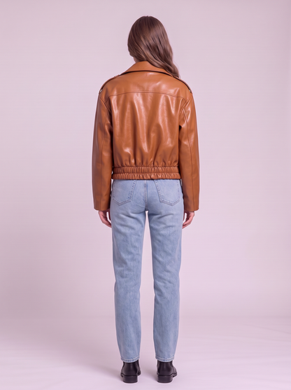Faux Leather Cropped Biker Jacket - Caramel - back