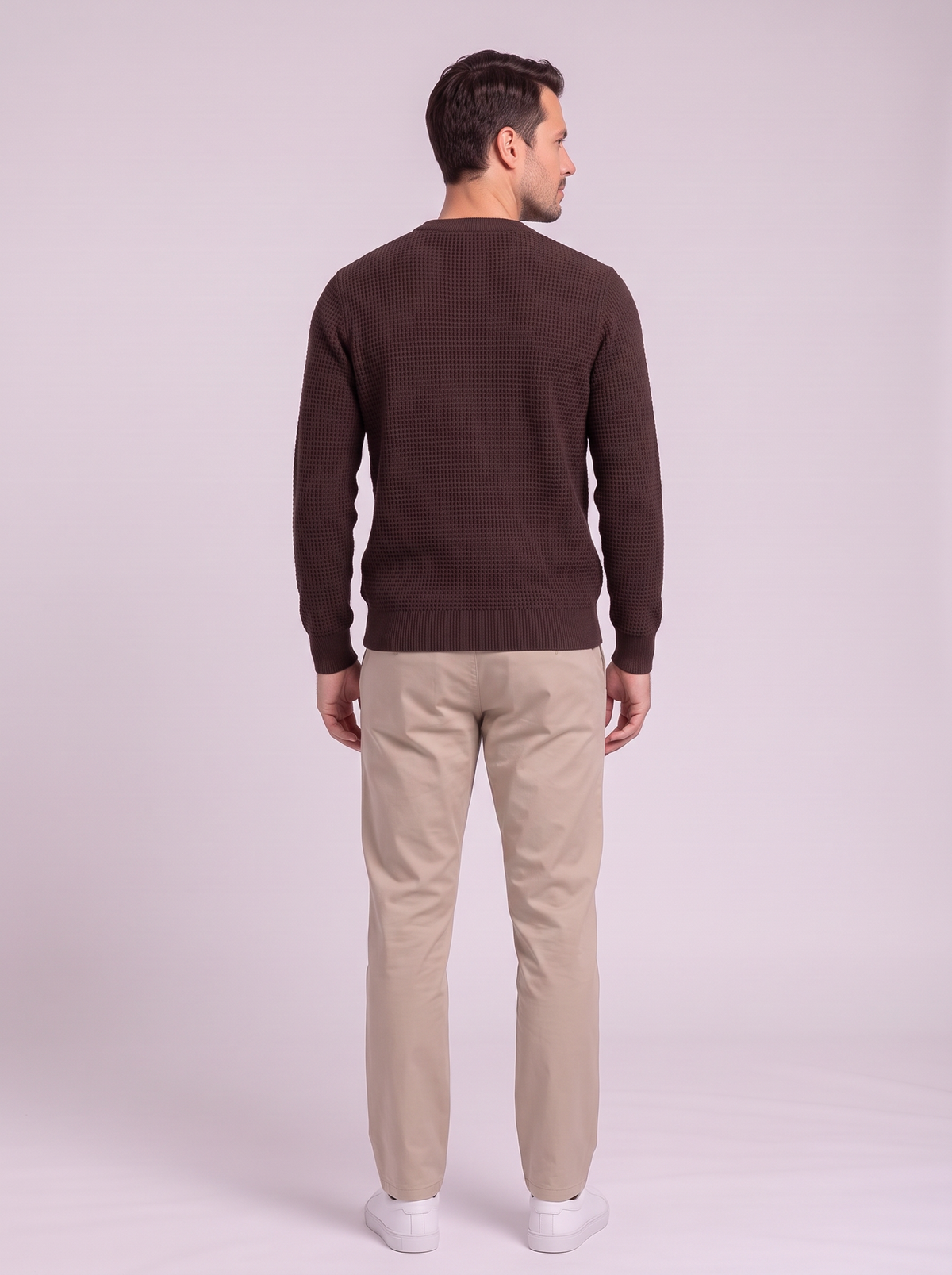 Men's Waffle-Knit Crew Neck Sweater - Brown - back