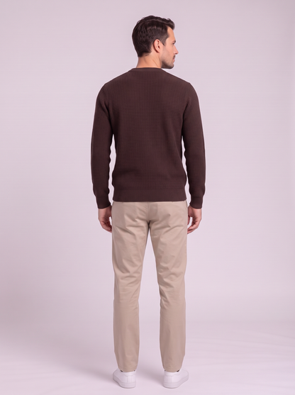 Men's Waffle-Knit Crew Neck Sweater - Brown - back