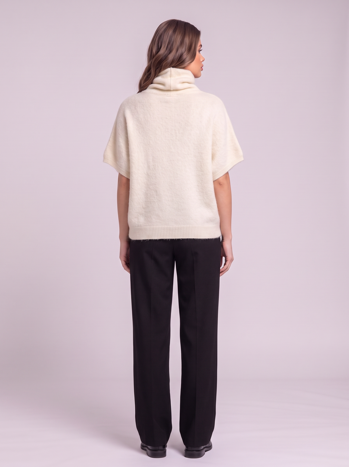 Turtleneck Fuzzy Short Sleeve Sweater - Cream - back