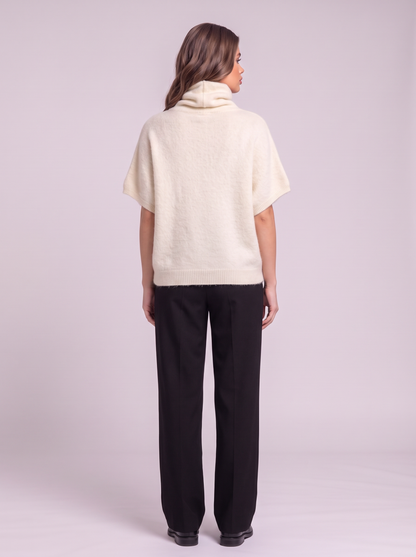 Turtleneck Fuzzy Short Sleeve Sweater - Cream - back