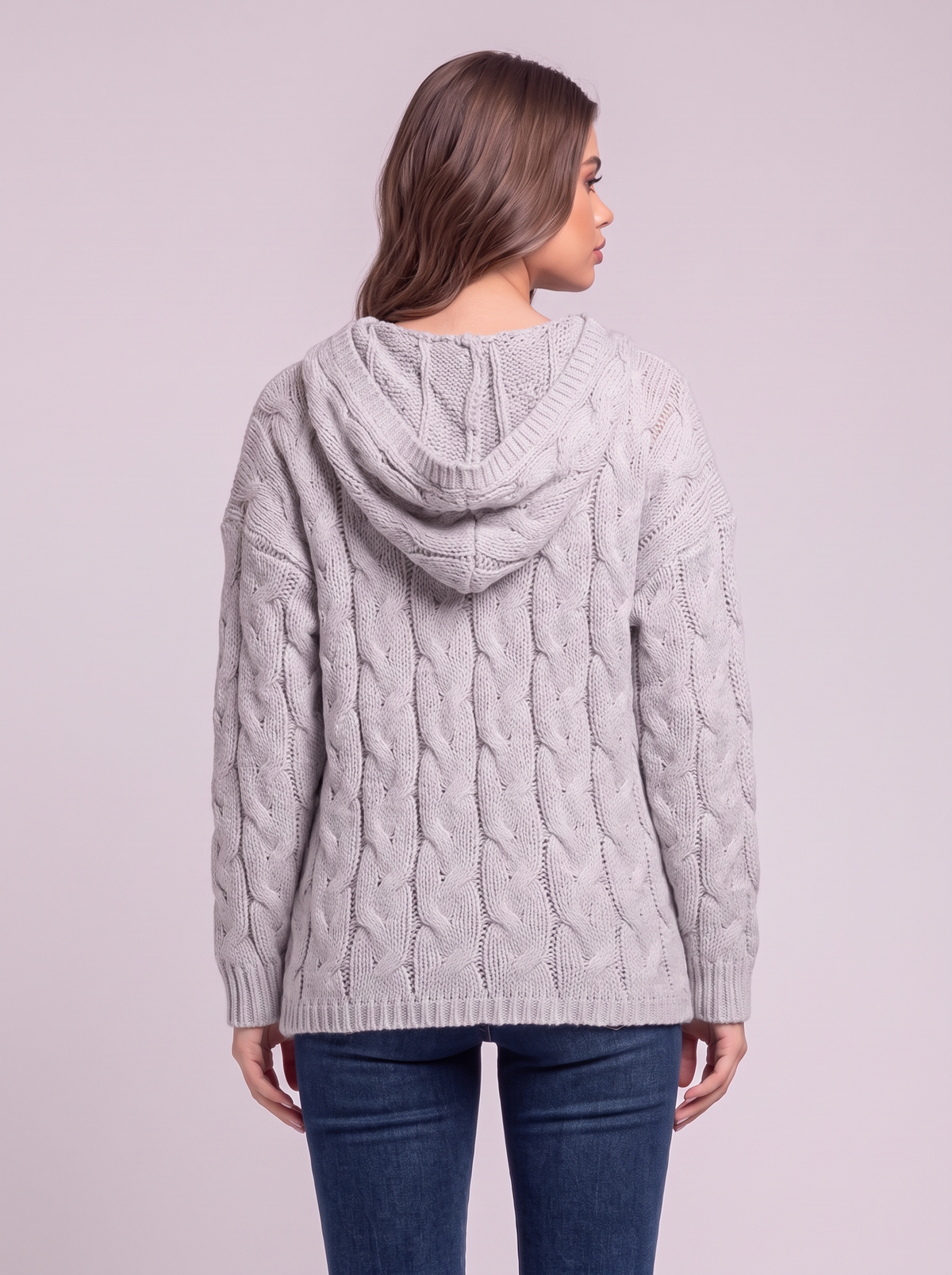 Cable-Knit Hooded Sweater - Light Gray - back