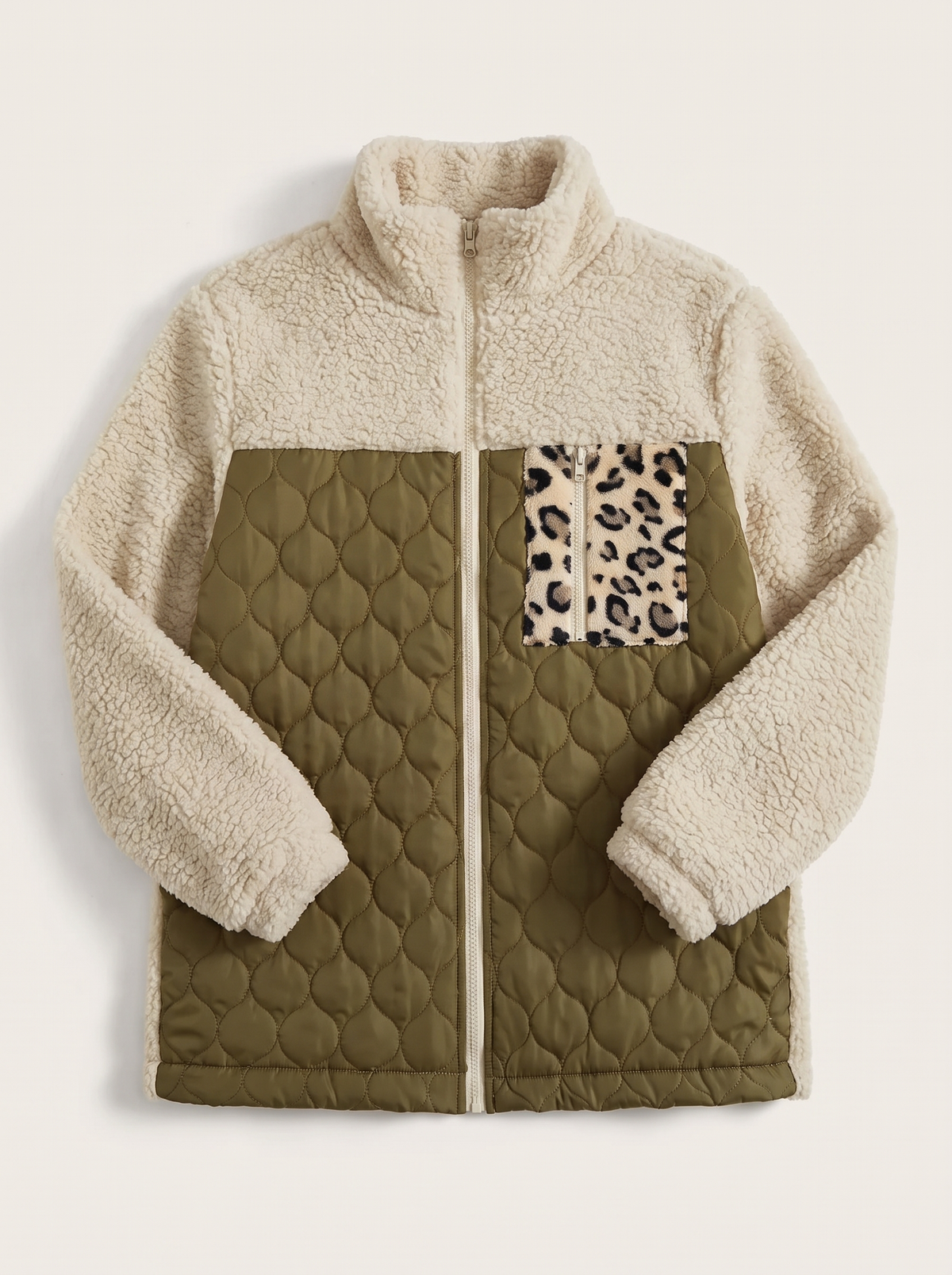 Leopard Color Block Zip-Up Jacket - Army Green - flat lay